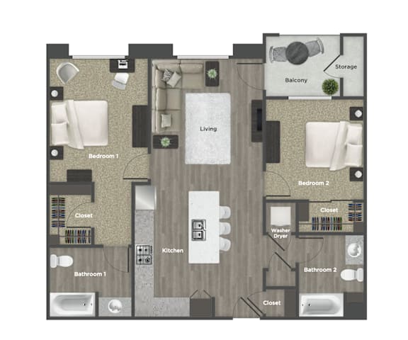 A floor plan of a apartment with two bedrooms, two bathrooms, a living room, a kitchen, a balcony, and storage.