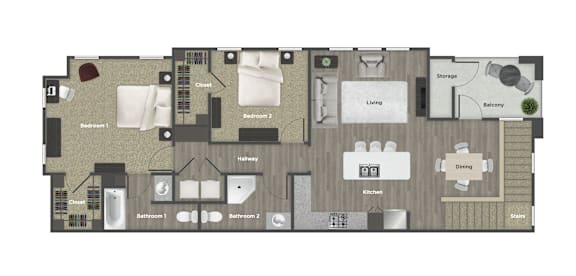 A floor plan of a floor plan of a  2100 sq ft apartment with a kitchen, living room, and two bedrooms.