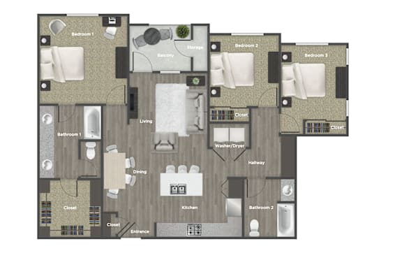 A floor plan of a apartment with a living room, kitchen, and multiple bedrooms.