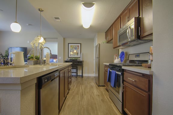 a kitchen with stainless steel appliances and a large counter top