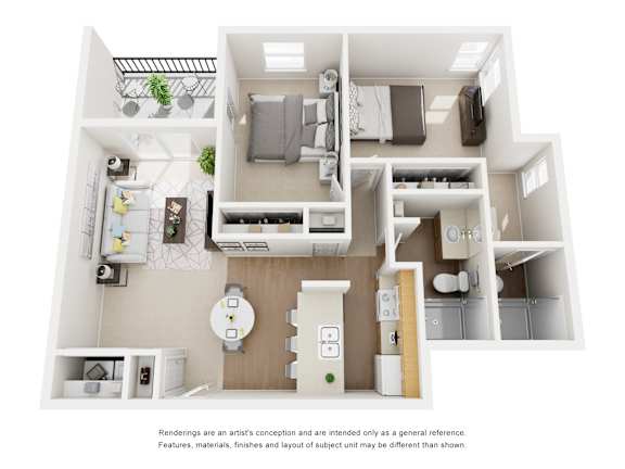 A white and wood floor plan of a small apartment with a kitchen, living room, and bedroom.