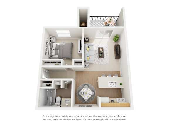 A diagram of a small apartment with a kitchen, living room, and bathroom.
