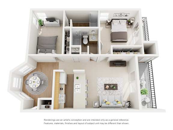 A 3D rendered image of a modern apartment layout.