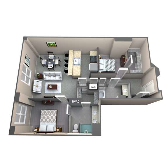 A 3D rendered image of a house layout with furniture and appliances.