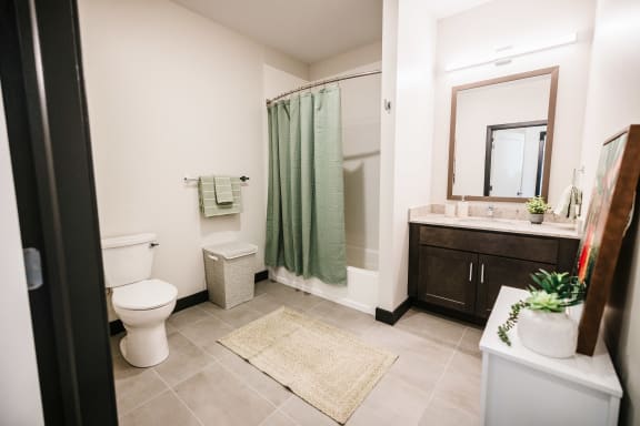 a bathroom with a shower toilet and sink and a mirror