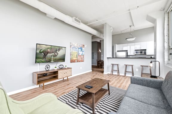 a living room with a couch a coffee table and a tv
