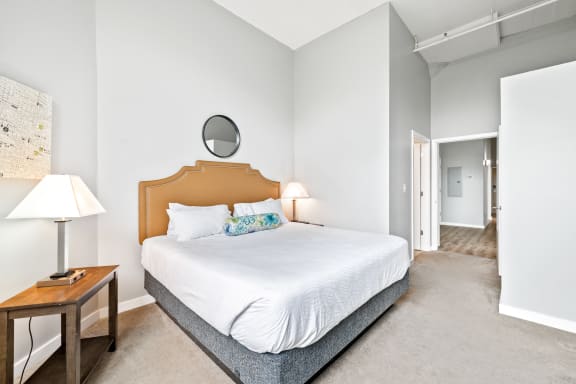 a bedroom with a bed and a nightstand