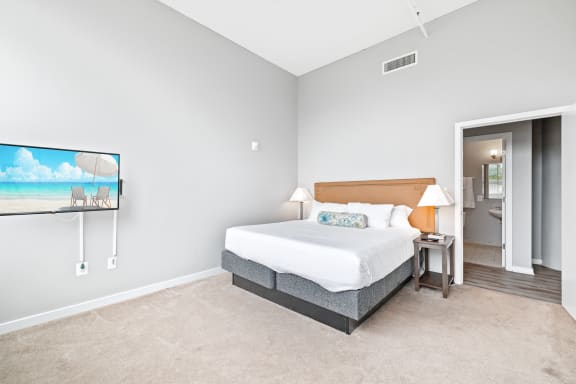 a bedroom with a bed and a tv