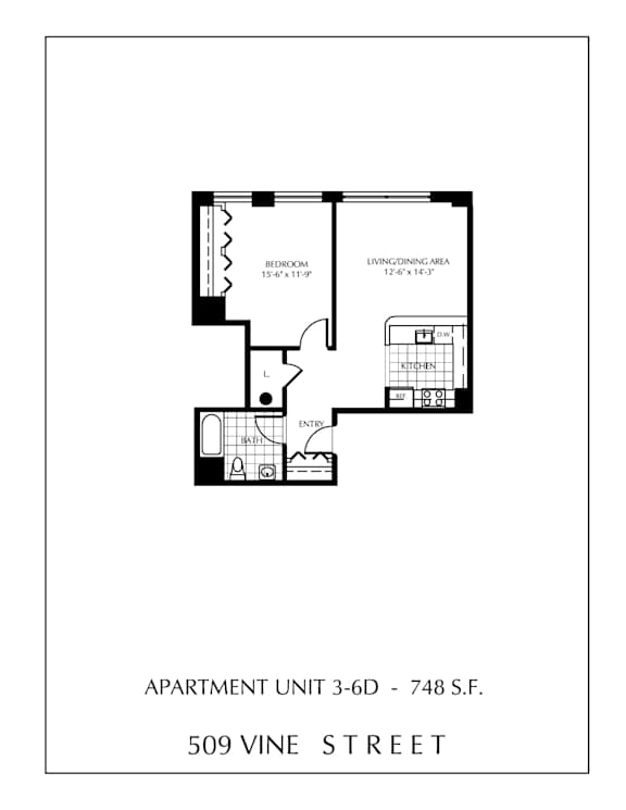 Apartment floor plan for a 3-bedroom unit at 509 Vine Street.