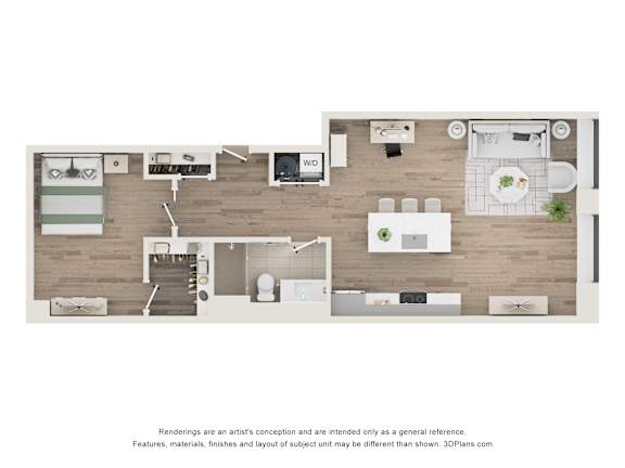 A floor plan of a house with a kitchen, living room, dining room, and bathroom.