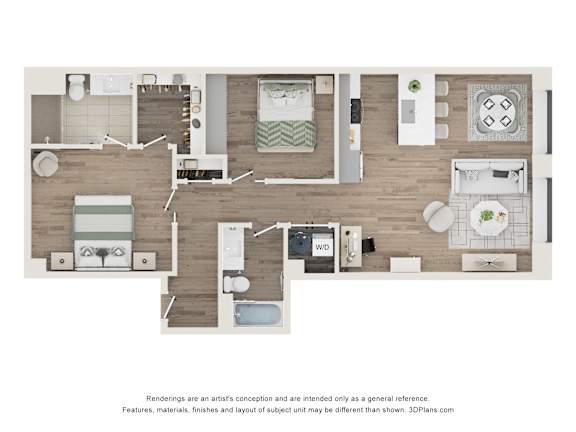A floor plan of a small apartment with a kitchen, living room, and bathroom.