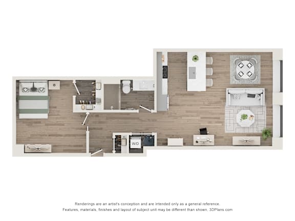 A floor plan of a small apartment with a kitchen, living room, and bathroom.