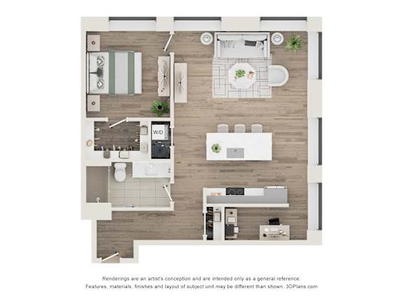 A floor plan of a small apartment with a kitchen, living room, and bathroom.