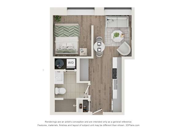 A floor plan of a small apartment with a bedroom, living room, and bathroom.