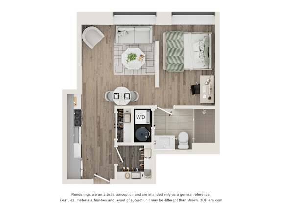 A 3D floor plan of a small apartment with a kitchen, living room, and bathroom.