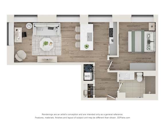 A floor plan of a modern apartment with a kitchen, living room, and bathroom.