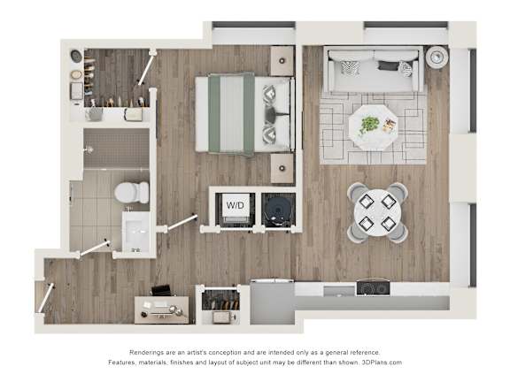 A floor plan of a kitchen and living room with a dining table and chairs.