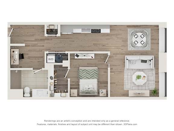 A top-down view of a modern kitchen and living room layout.