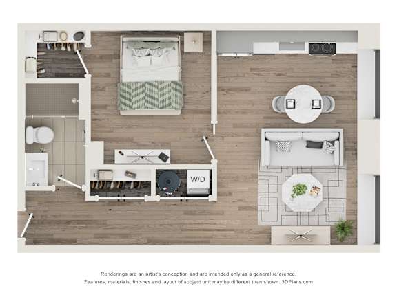 A top-down view of a modern kitchen and living room with a dining table and chairs.