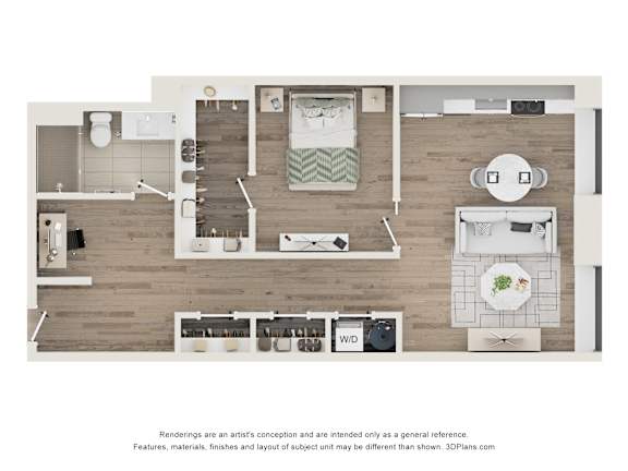 A 3D floor plan of a small apartment with a kitchen, living room, and bathroom.
