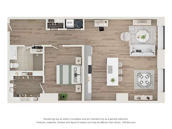 A 3D floor plan of a house with a kitchen, living room, and dining area.