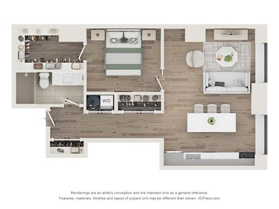 A floor plan of a modern apartment with a kitchen, living room, and bathroom.