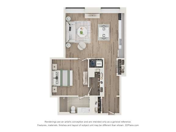 A 3D floor plan of a house with a kitchen, living room, and bathroom.