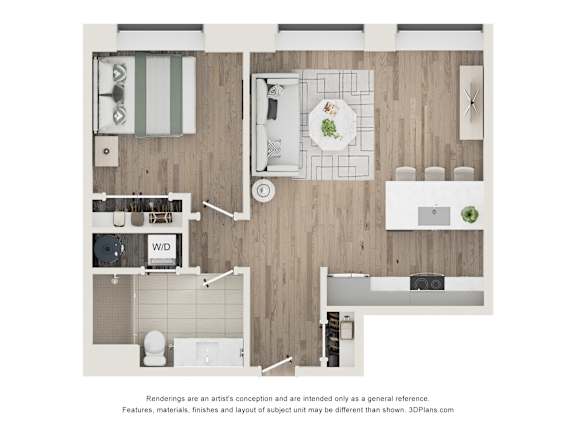 A floor plan of a kitchen and living room with a dining table and chairs.