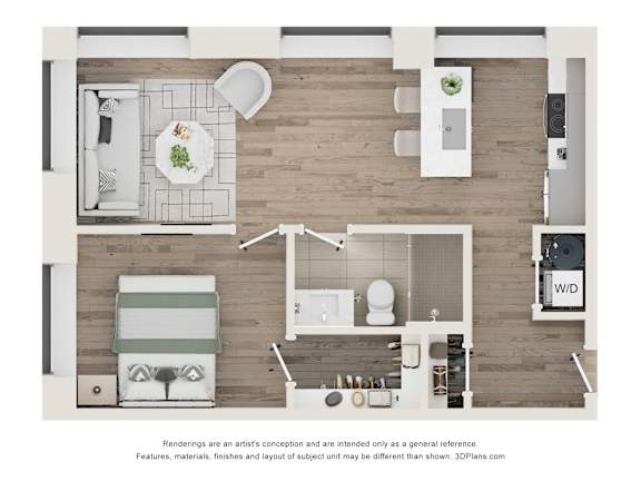 A 3D floor plan of a small apartment with a kitchen, dining area, and bathroom.