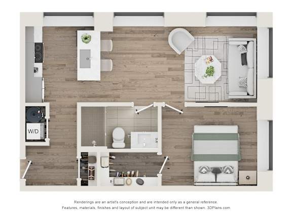 A top-down view of a modern kitchen and dining area layout.