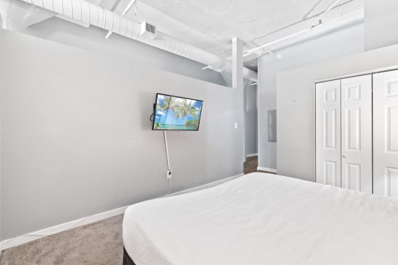 a bedroom with a bed and a tv
