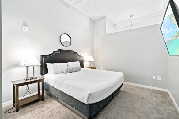 a bedroom with a bed and two nightstands