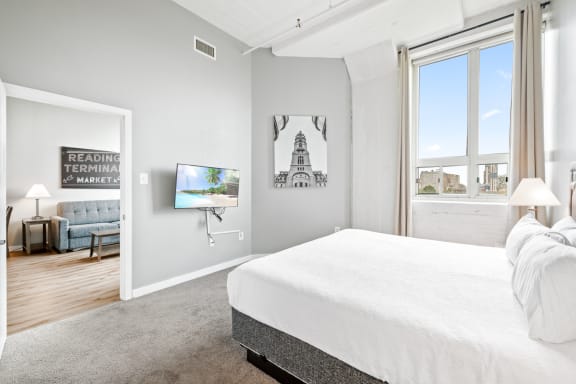 a bedroom with a bed and a tv