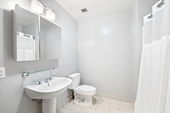 a bathroom with a sink toilet and mirror