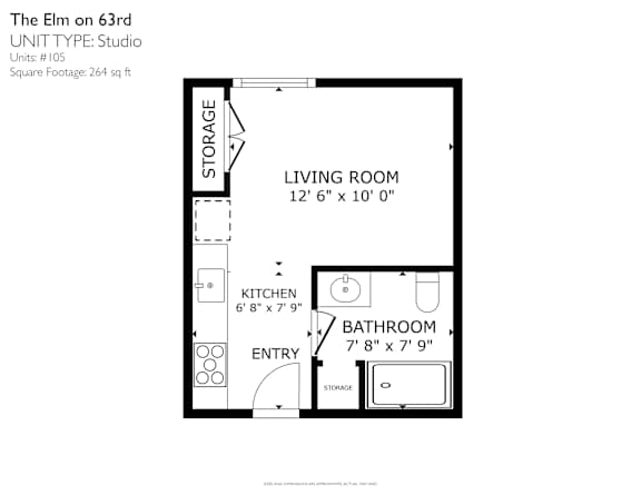 A black and white image of a floor plan for a studio apartment.