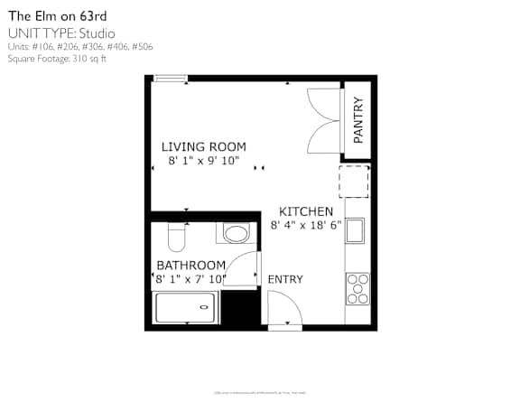 A black and white image of a floor plan for a studio apartment.