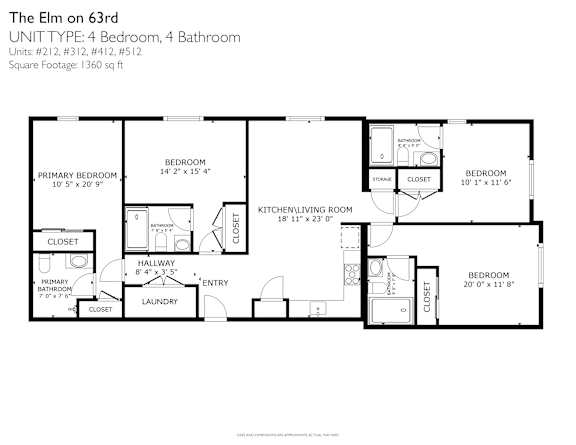 A black and white image of a floor plan for a 4 bedroom, 4 bathroom unit.