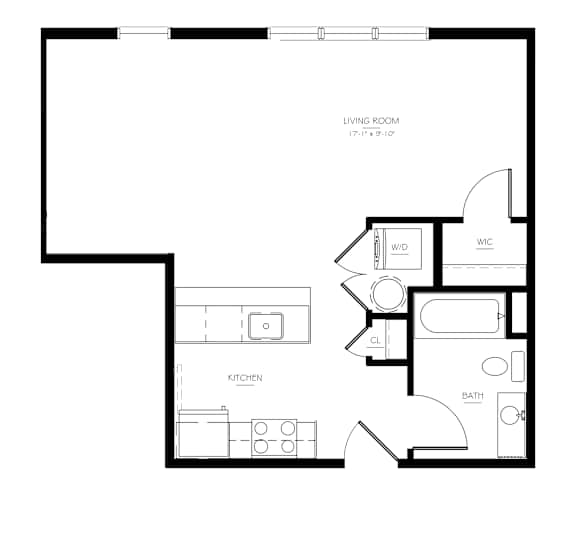 A black and white image of a living room, kitchen, and bathroom floor plan.