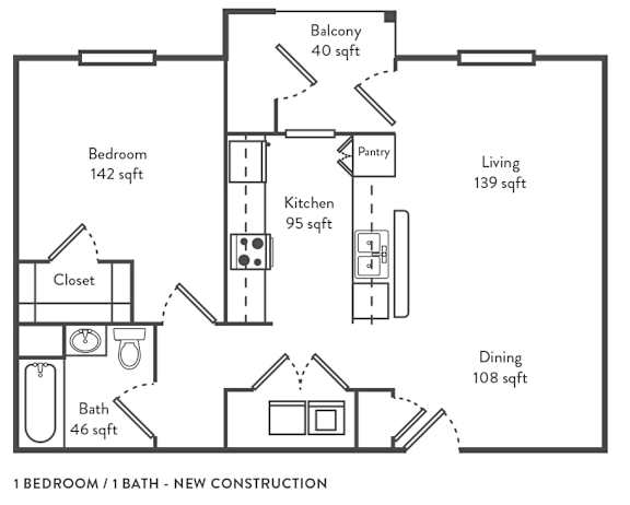 1 Bedroom 1 Bath Floor Plan at Albemarle Central School, North Carolina, 28001