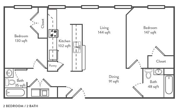 2 Bed 2 Bath Floor Plan at Albemarle Central School, Albemarle, NC, 28001