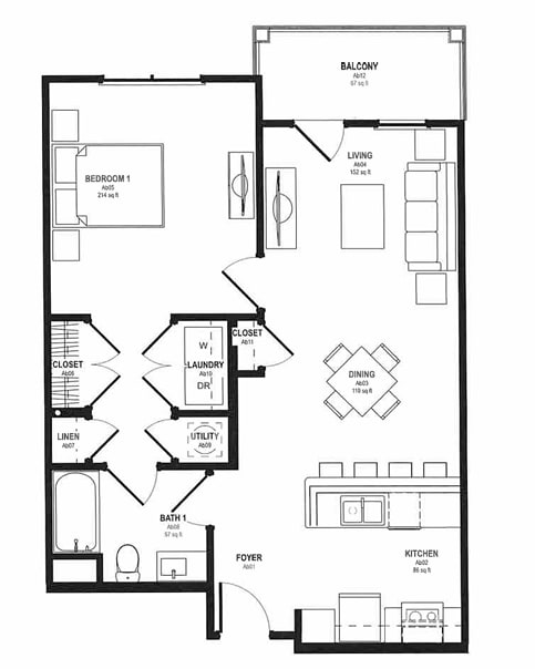 A black and white floor plan of an apartment with a balcony.