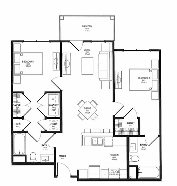A black and white image of a house floor plan with two bedrooms, a living room, a dining room, a kitchen, a foyer, a bathroom, a laundry room, and a closet.