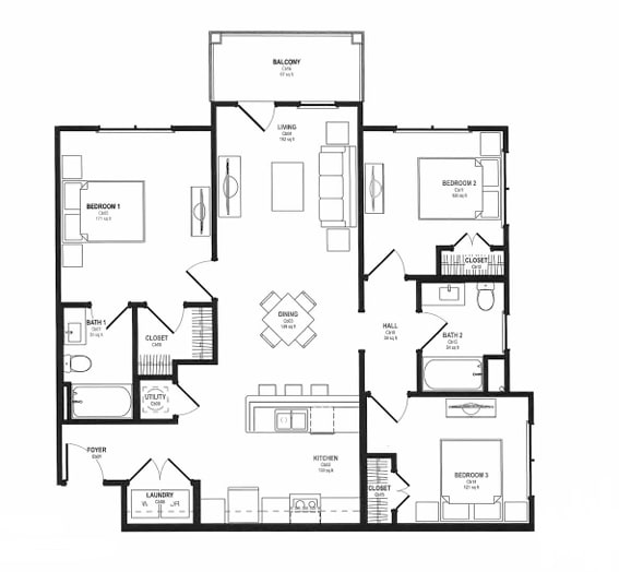 A black and white floor plan of a house with labeled rooms.