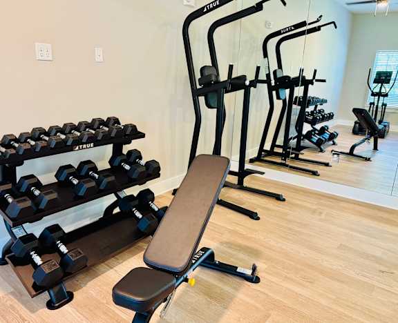 A gym with a variety of equipment including dumbbells, weight plates, and a bench.