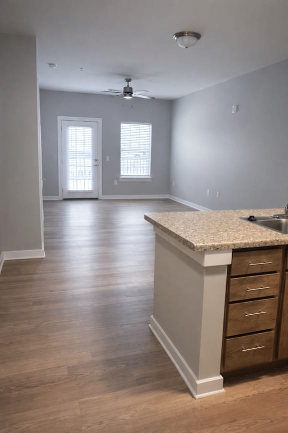 A kitchen with a counter and drawers.