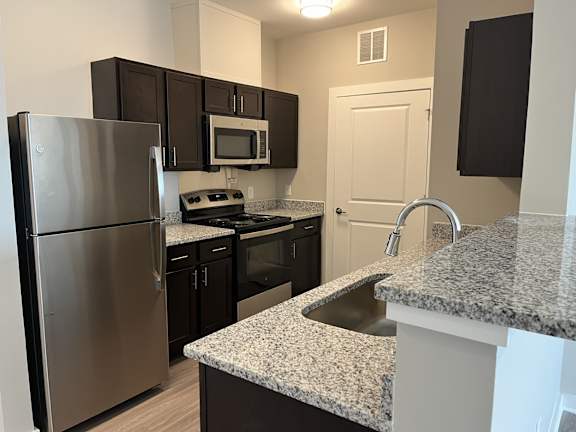A kitchen with a granite counter top and stainless steel appliances at James Lewis JR, Charleston