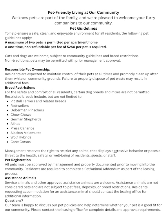 A document outlining pet-friendly living guidelines at a community.