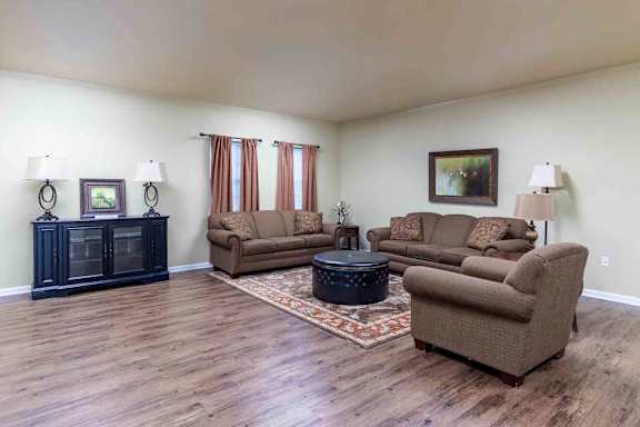 A living room with brown furniture and a rug. at The Shire Apartments, Virginia, 23325