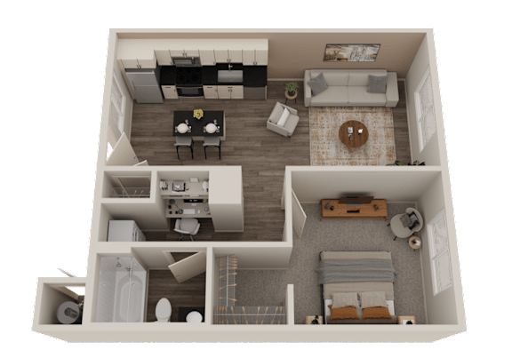 A 3D rendered image of a modern apartment layout.
