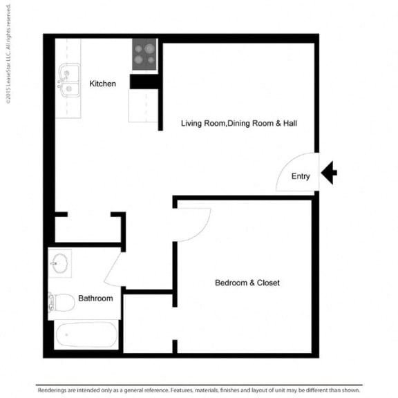 1x1 466 square foot floor plan at Williams at Gateway in Gilbert AZ